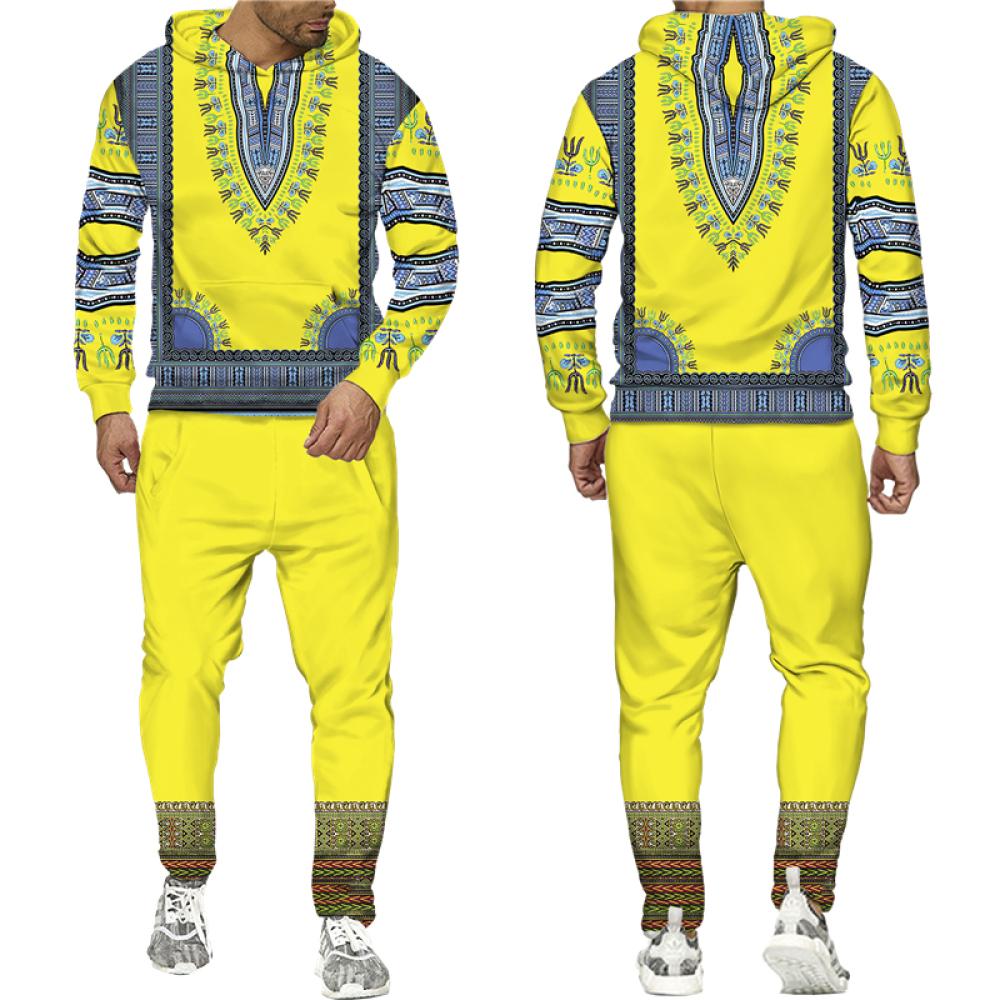 Afrikanischer Dashiki-Hoodie/Anzug für Herren, lässig, 3D-gedruckt, Ethno-Stil, Sweatshirt, Hose, Set für Herren/Damen, Folk-Custom Streetwear-Trainingsanzug