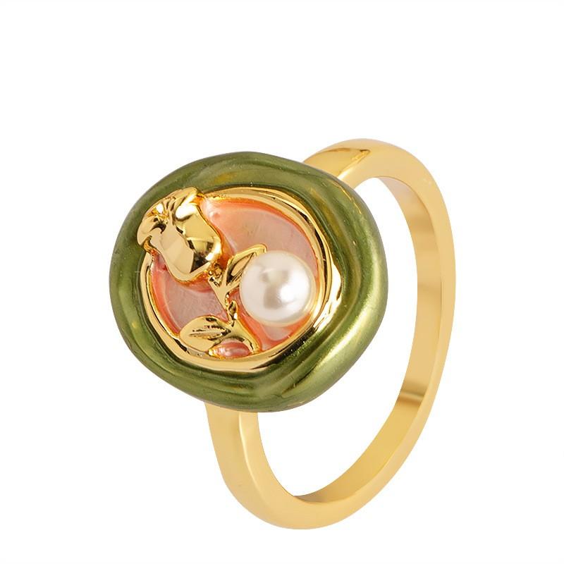 Adjustable Open Ring With Pearl Floral Motif Vintage Oil Painting Style Copper Jewelry Men Women