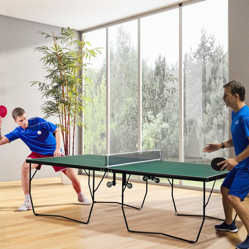 9FT Folding Tennis Table, with 8 Wheels, for Indoor Use, Green