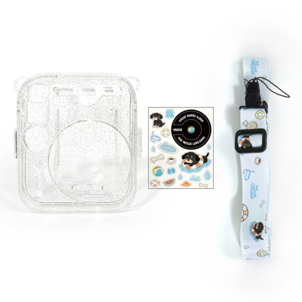 Translucent Glitter Instant Camera Case with Cartoon Sticker Adjustable Strap Protective Cover for Fujifilm Instax Mini 13