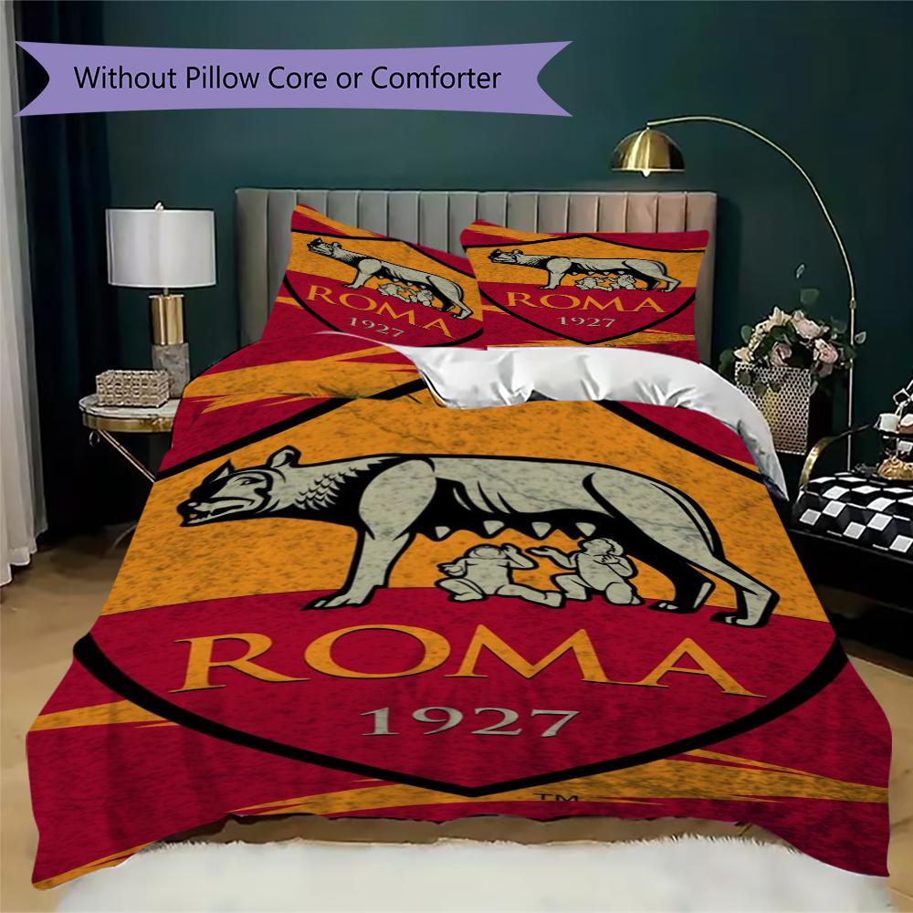 Set lenjerie de pat cu model A.S. Roma Cearșaf pilotă Huse pernă Decorațiune casă Cadou de ziua de naștere (1 * husă de pilotă + 2 * fețe de pernă fără miez)01