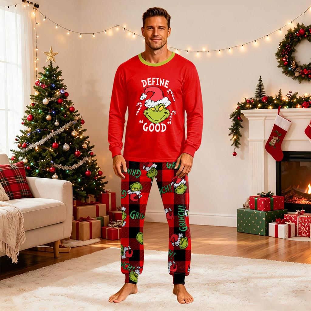 Weihnachtsdruck Familien-Partnerlook-Pyjama-Set mit Rundhalsausschnitt Langarm-Oberteil und Langer Hose