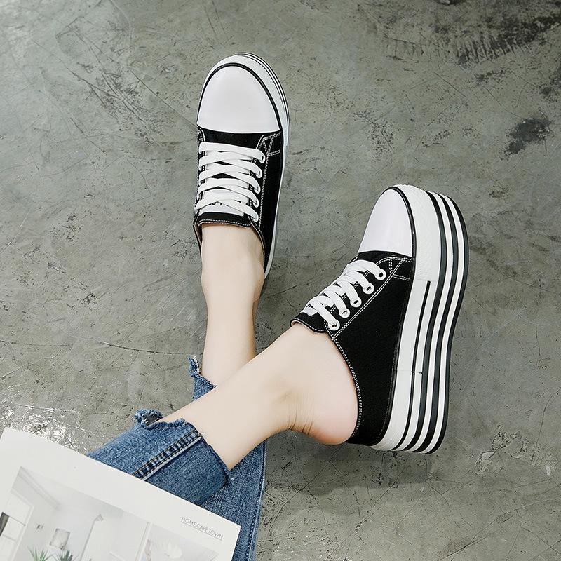 New Women's Height-Enhancing Canvas Slippers: Round Toe, Lace-Up, Thick-Soled Casual Shoes for Spring & Summer