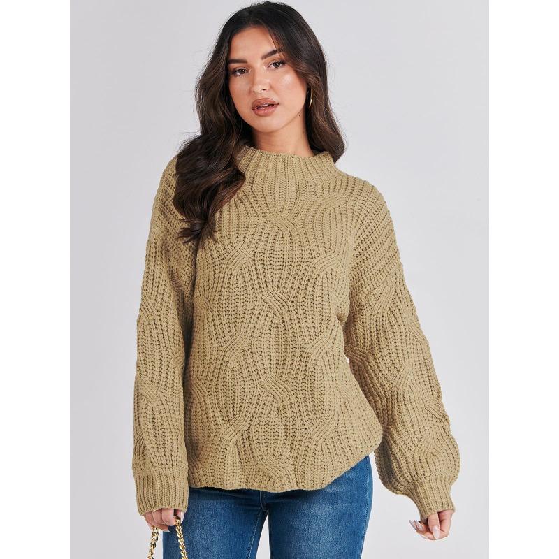 Autumn and Winter Women's Plus Size Drop Shoulder Loose Casual Stranded Knit Pullover Sweater