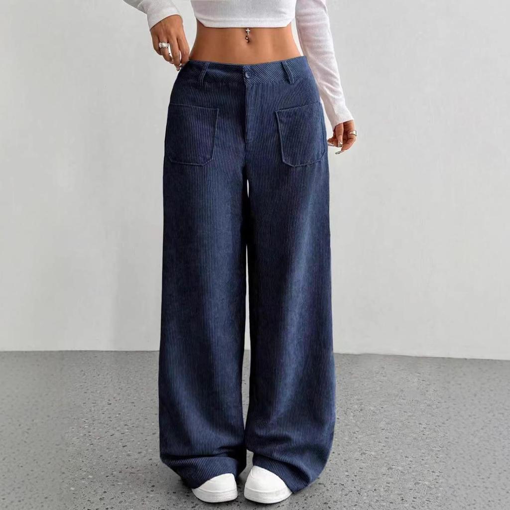 Europäische/Amerikanische Damen Casual Bodenlange Weitbeinige Hose mit Vorder-/Gesäßtaschen, Einfarbig