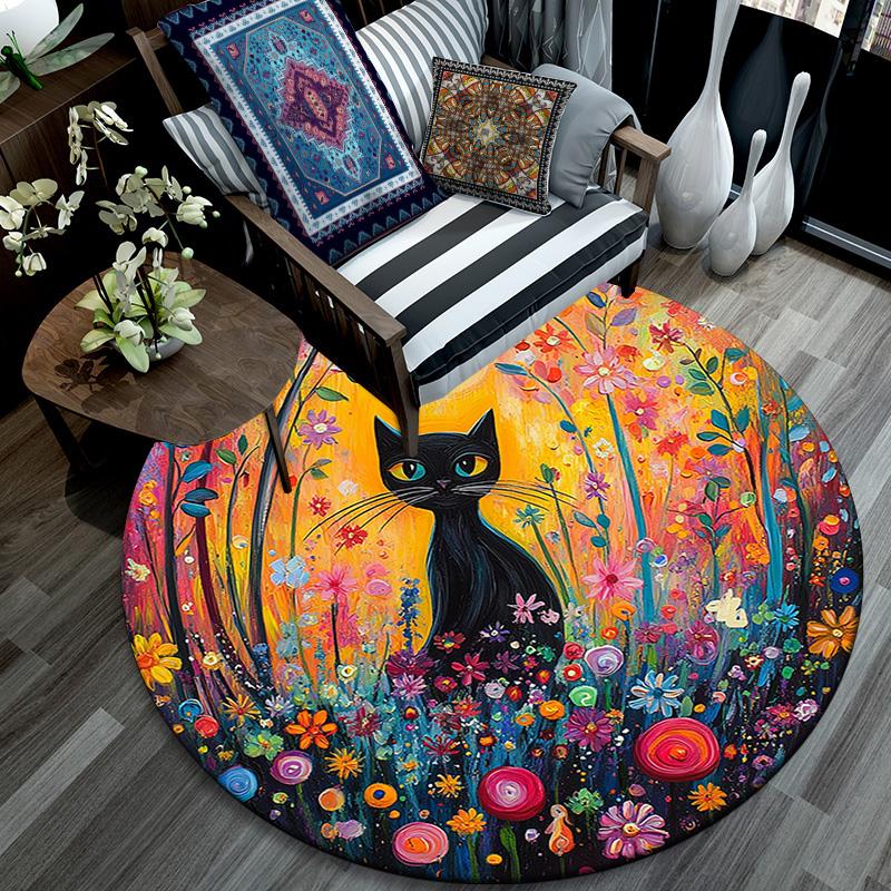 Black Cat in Flowers Round Area Rug,Carpet Rug for Living Room Bedroom Sofa Playroom Decor,Non-slip Floor Mat
