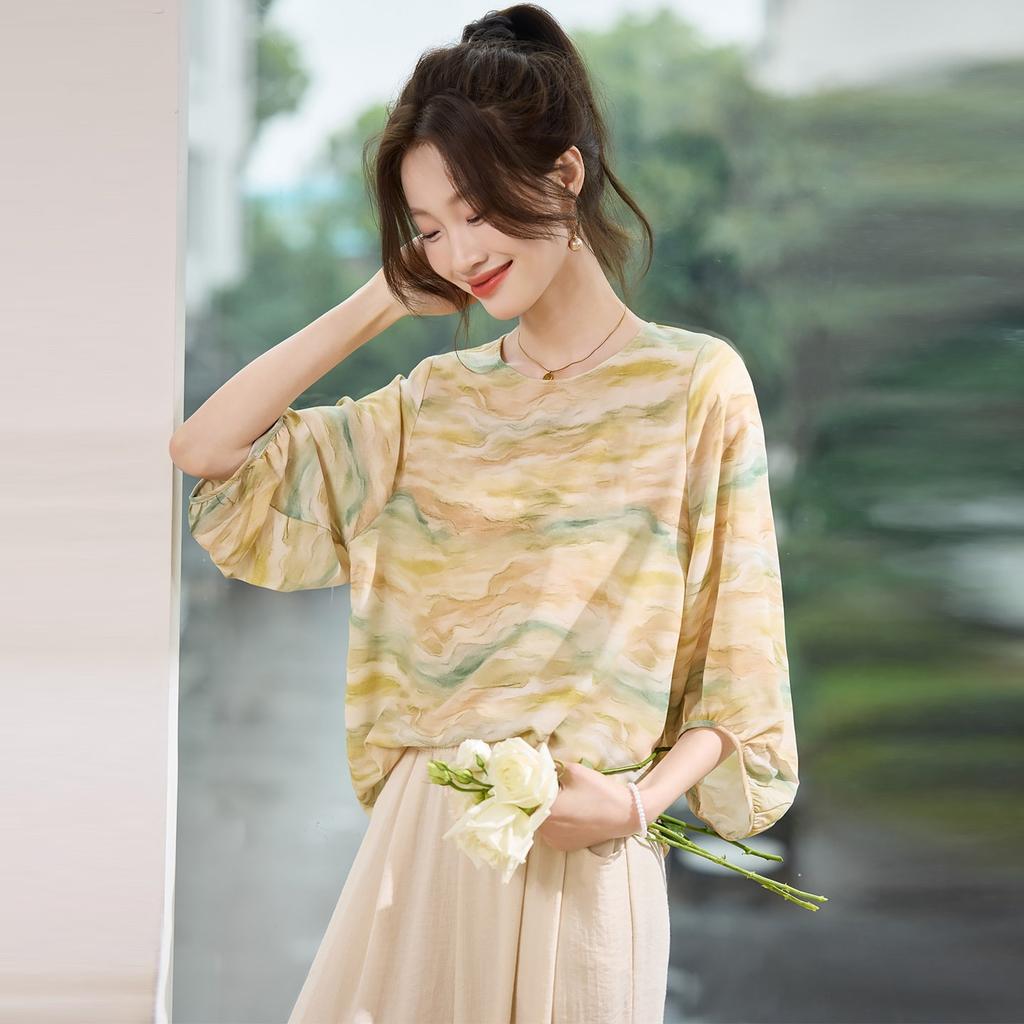 1116 Summer New Fashion Light and Cool Smudged Printed Chiffon T-shirt Women's Slim Shirt Lantern Sleeve Top