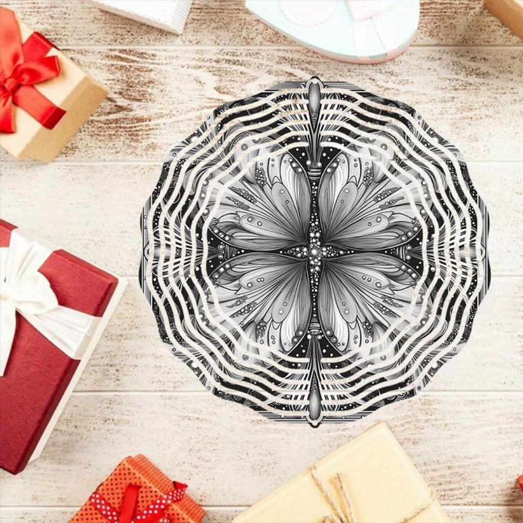 1pc Black and White Hand-Painted Mandala Rotating Wind Chime - Intricate Metal Design for All-Season Garden