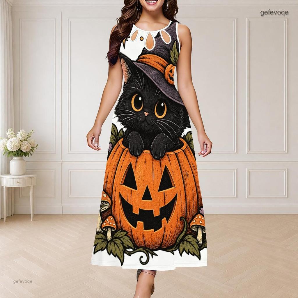 Women Plus Size Round Neck Triple Keyhole Sleeveless Cartoon Ghost Duck Printed Long Dress