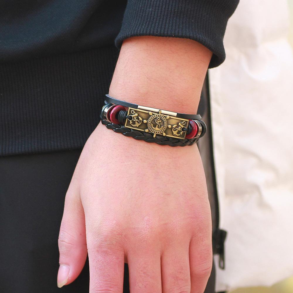 JMXD Vintage Genuine Leather Braided Bracelet Anchor Ship Wheel Charm Retro Men Fashion Accessory Statement Wristband