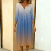Women's Fashionable Color Printed Round Neck 3/4 Sleeve Button Collar Mid Length Casual Dress