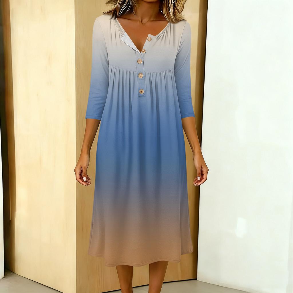 Women's Fashionable Color Printed Round Neck 3/4 Sleeve Button Collar Mid Length Casual Dress