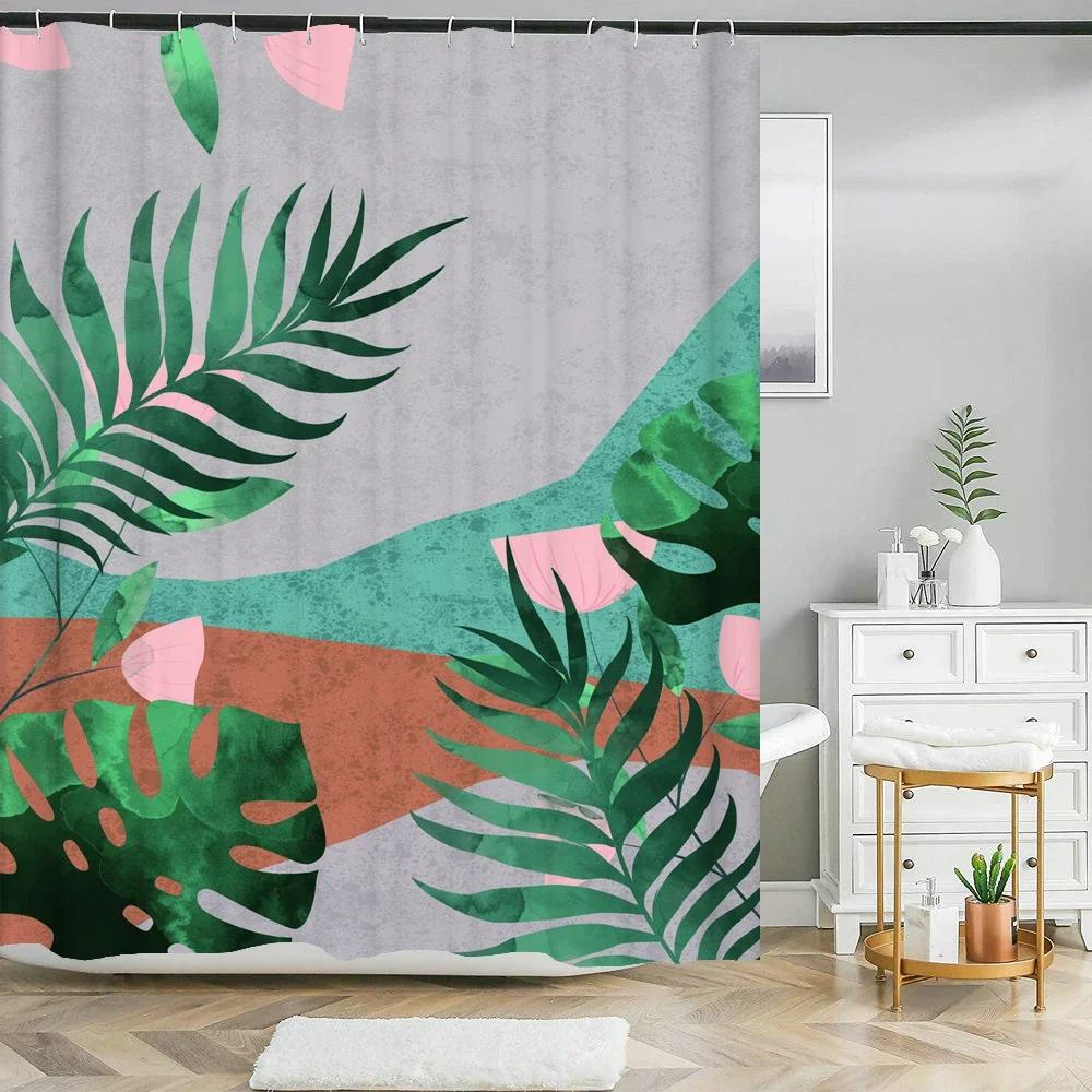 Abstract Art Shower Curtain Cartoon Green Plant Leaves 3D Print Funny Pattern Bath Screen Waterproof Polyester Screen Decor