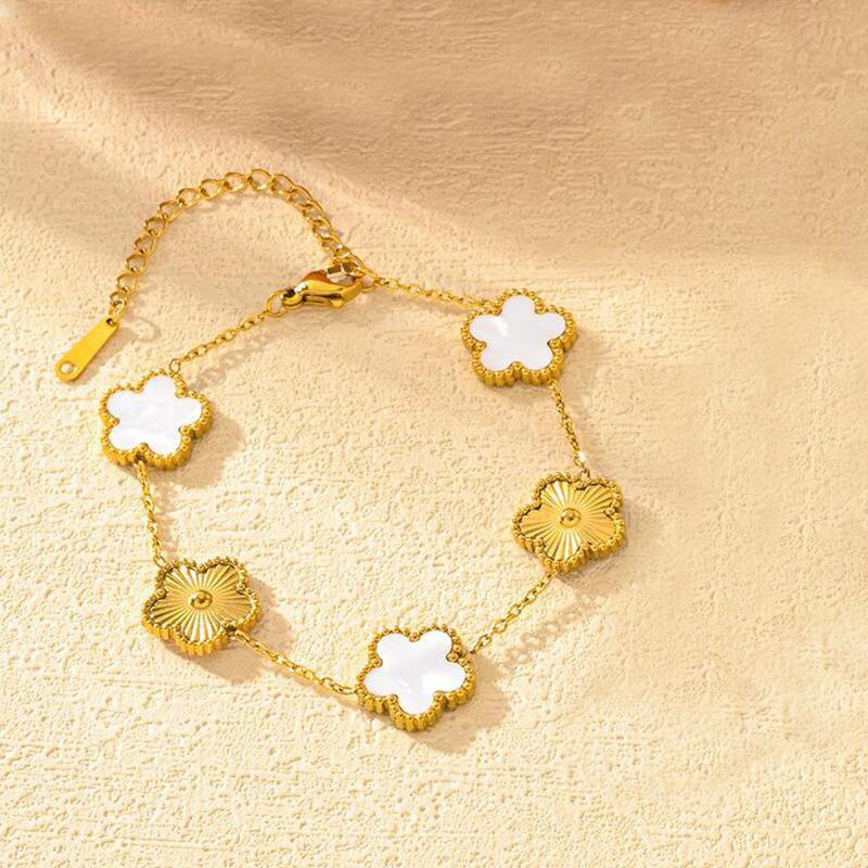 Lucky Five-Leaf Clover Beaded Bracelet for Women Classic Fashion Minimalist Gold Plated Stainless Steel Jewelry