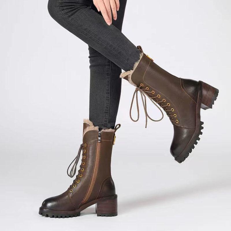 Autumn Winter Fleece-Lined Lace-up Ladies Mid Calf Shoes Warm Round Toe Middle Heel Women's Half High Boots  New In Footwear