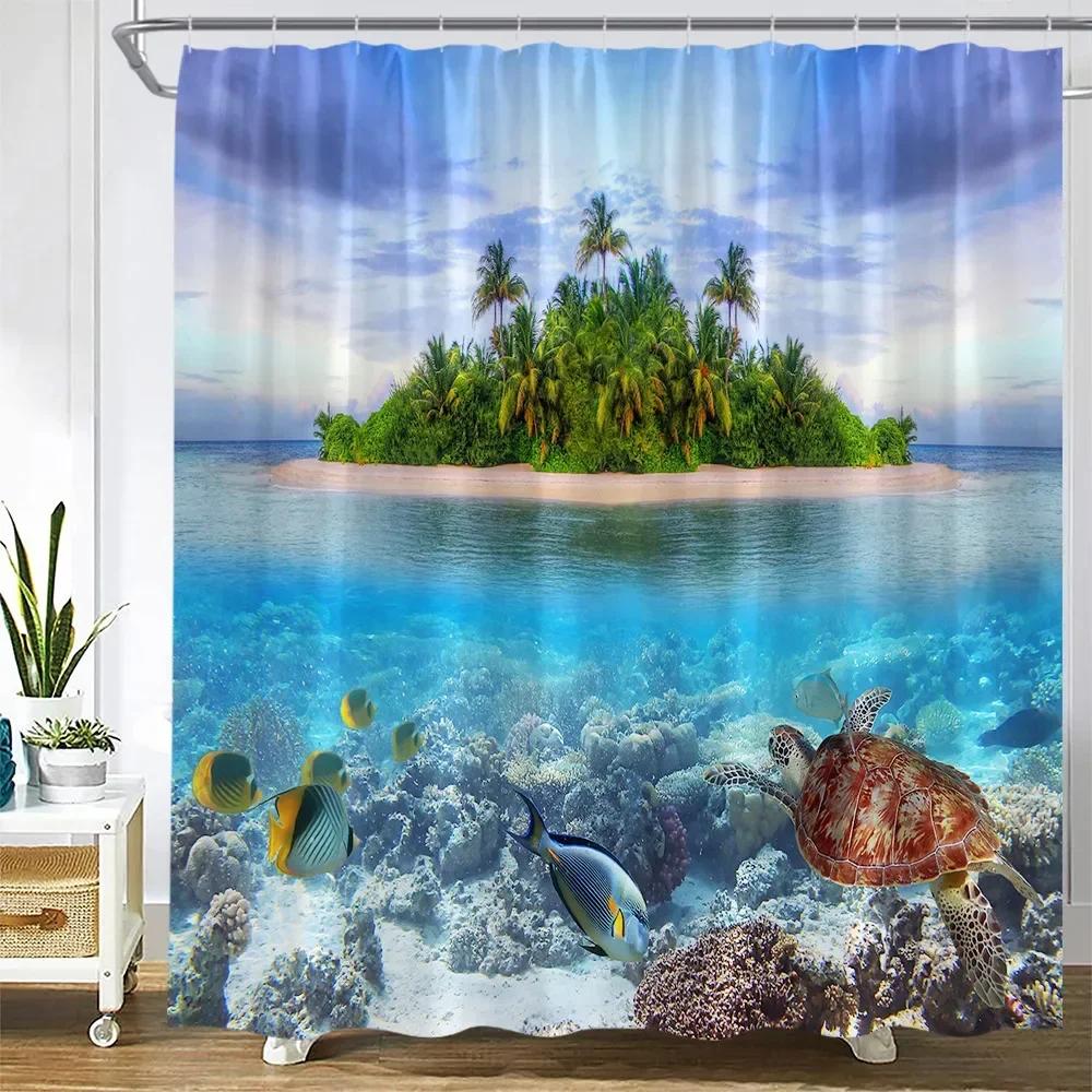 Dusk Sunset Beach Shower Curtains Tropical Ocean Palm Tree Forest Waterfall Nature Scenery Cloth Home Decor Bathroom Curtain Set