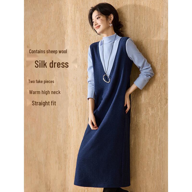 Mohanyimei Winter Old Money Style Wool Blend Faux Two-Piece V-Neck Dress S