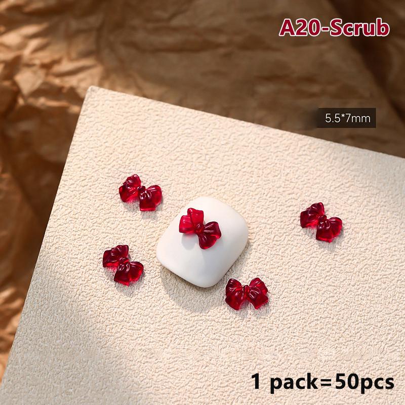 50Pcs French Style Bows Nail Accessories Mixed Size 3D Wine Red Bowknot Nail Charms Kawaii Winter Nail Art Decoration Cute Parts