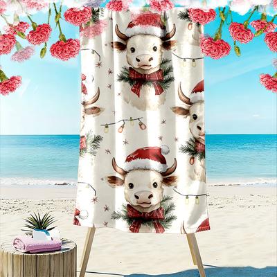 Festive Cow Holiday Charm Print Beach Towel, Quick Drying, Suitable for Travel, Outdoor Sports, Jogging, the Beach and Swimming, Gift