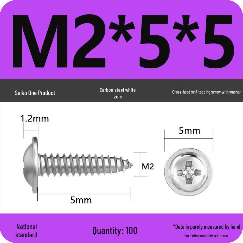 PWA Nickel-Plated Carbon Steel Self-Tapping Screws with Washer, White Zinc Cross Head, Pointed Tail, Sizes: 1.6/1.8/2/2.5