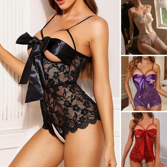 Women Sexy Bodysuit Lace-up Bow Backless Sleeveless Thin See-through Lace Open Crotch Flower Embroidery Spaghetti Strap Skinny Lady Wedding