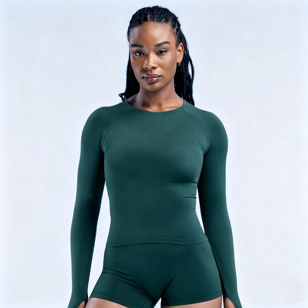 Women's Moisture-Wicking Nylon Yoga Top with Thumb Holes - Long Sleeve, Seamless, Elastic Sports T-Shirt