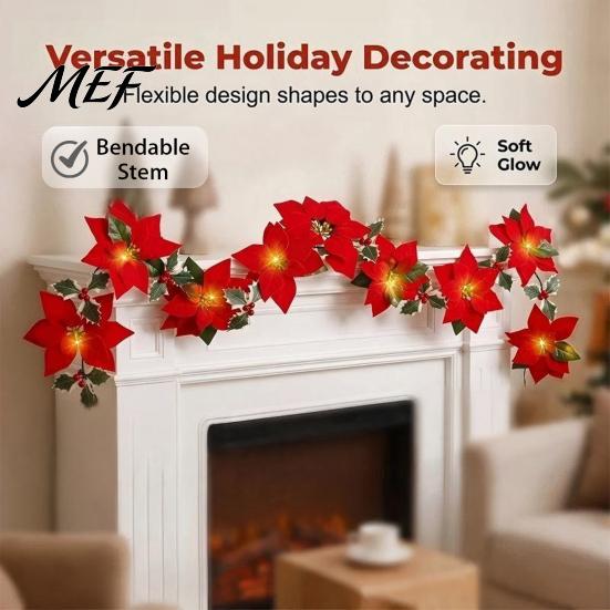 Battery Operated Christmas Garland Poinsettia with Light, 78/118 Inch Lighted Artificial Flower for Mantel String Light 10/20 LEDs Xmas New Year Home