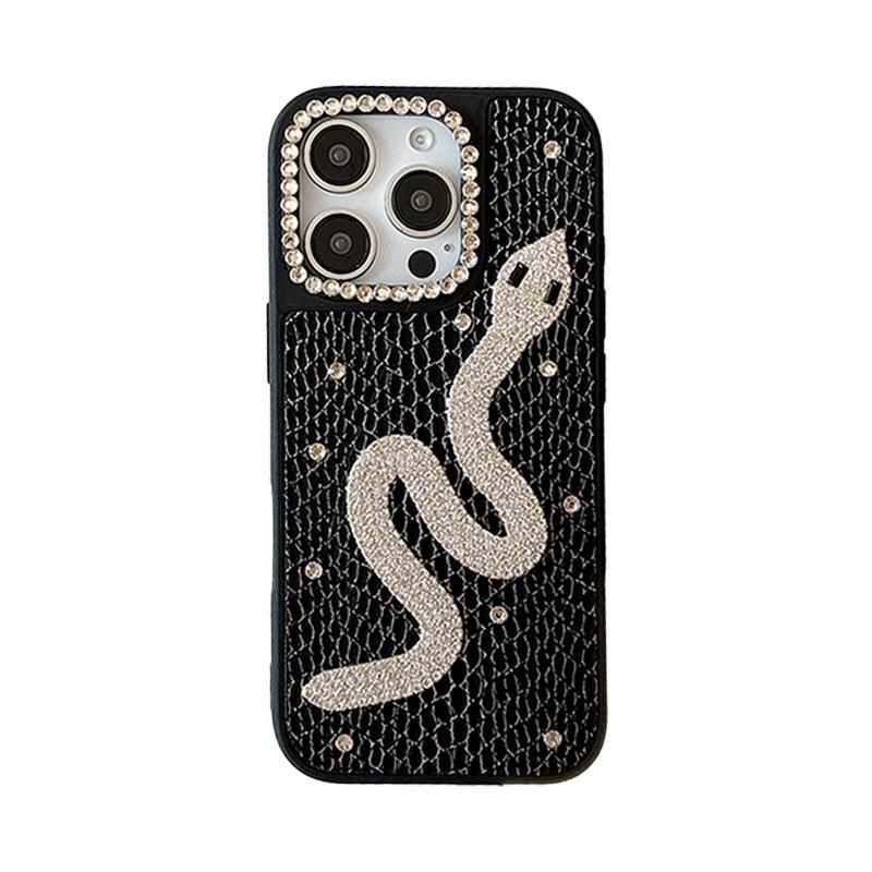 Silver Snake Rhinestone Mobile Phone Case Is Suitable For Apple 17Promax Solid Color Leather Iphone16 Light Luxury Fashion 15Plus