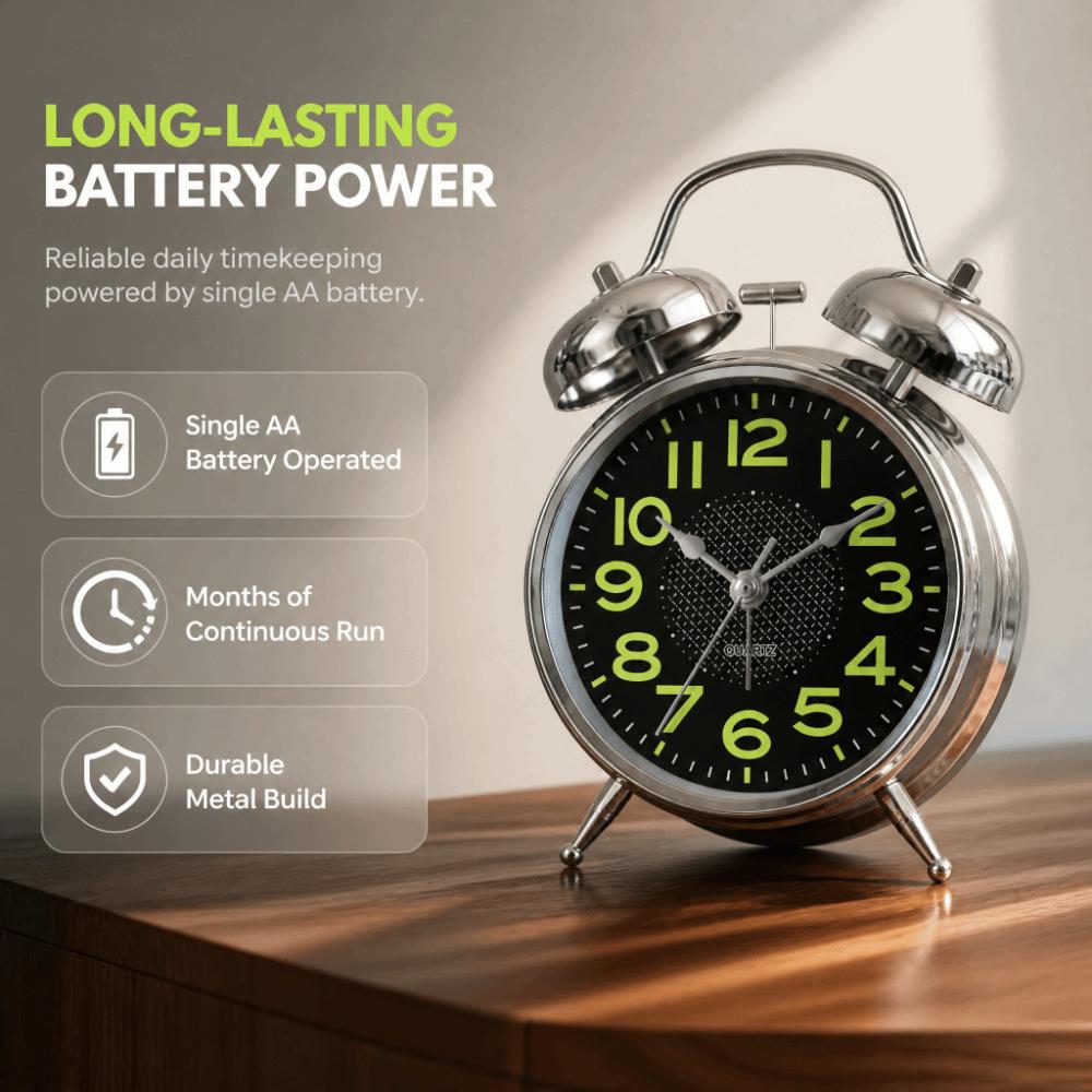 4 Inch Dial Twin Bell Alarm Clock Silver Battery Operated Alarm Clock  For Bedside Use