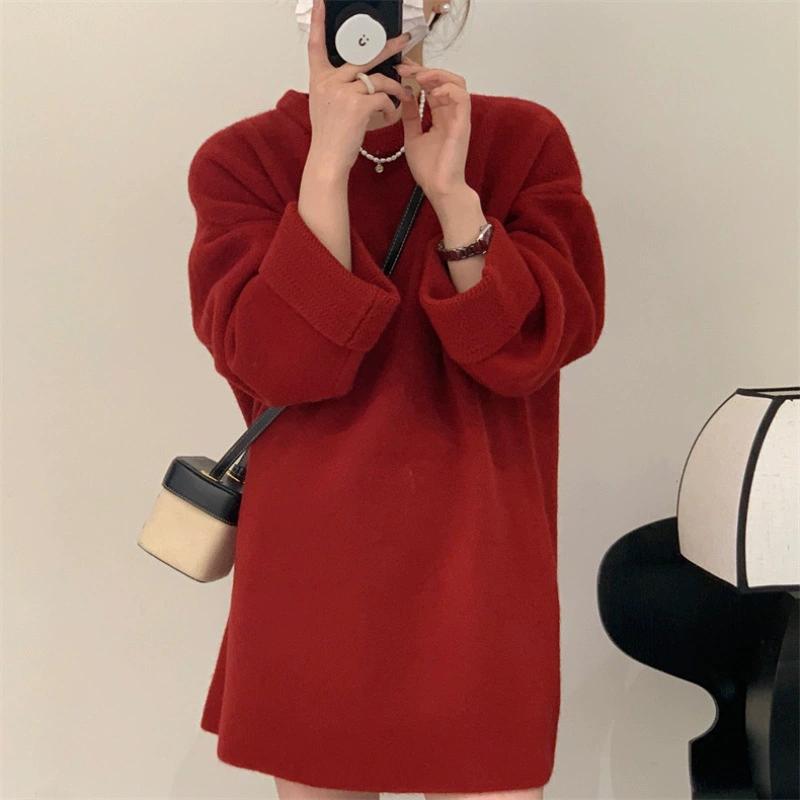 

Осень и Зима Большой Размер Свитер Женский Ленивый Стиль Мягкий Восковой Верхняя Одежда Однотонный Свободный Свитер Средней Длины M красный
