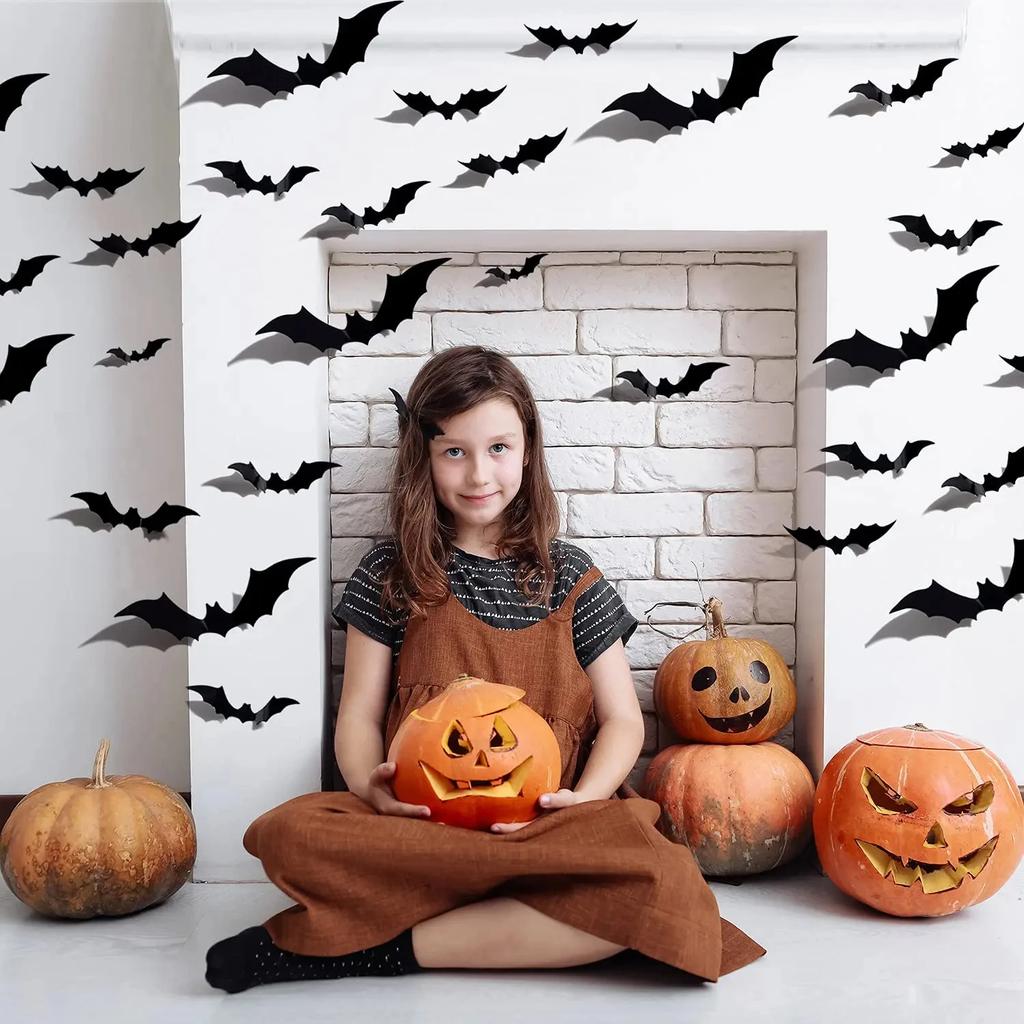 72pcs 3D Black PVC Bat Wall Stickers Halloween Decorations Scary Party Props DIY Home Bar Room Decoration for Spooky Halloween Night