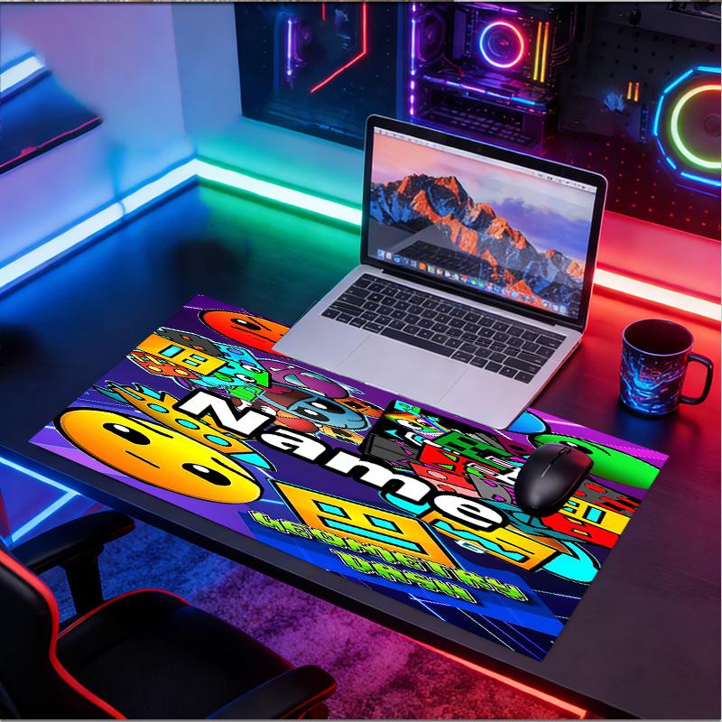 Custom Name Personalized Geometry Dash Pattern Mousepad, Laptop PC Desk Mat, Decorative Desk Mat for Home Keyboard Pad Gift