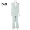 2 Pcs/Set Women Coat Pants Set Lapel Single Button Mid Length Cardigan Sleeveless Jacket Wide Leg High Waist Straight Trousers Lady Formal Commute