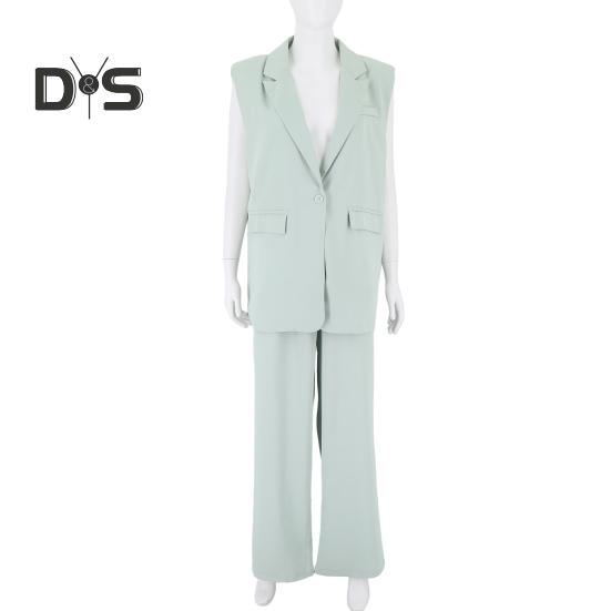 2 Pcs/Set Women Coat Pants Set Lapel Single Button Mid Length Cardigan Sleeveless Jacket Wide Leg High Waist Straight Trousers Lady Formal Commute