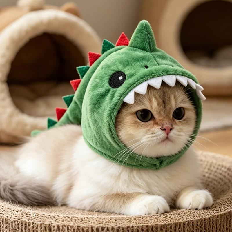 Plush Cats Dinosaur Costume Hat Headgear for Pet Cats, Comfortable Cosplay Headpiece for Party Dressingup, Daily Styling, Fit 3-7Kg