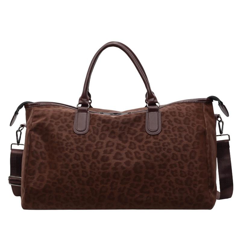 

Retro Leopard Print Short Trip Large Capacity Portable Travel Bag Commuter Travel Bag Unisex Daily Duffel Bag темно-коричневого кольору