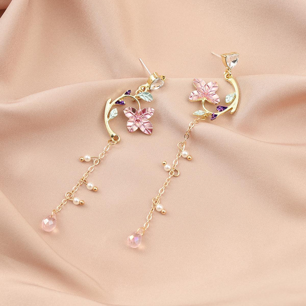 

New Trendy Cute Flower Asymmetrical Spiral Dangle Earrings for Women Charm Long Tassel Blue Crystal Drop Earring Wedding Jewelry