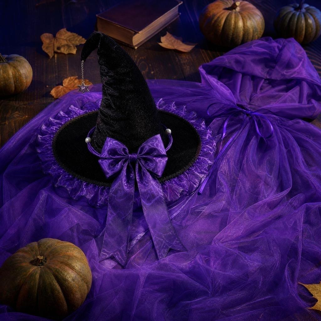 Set Cappello da Strega e Mantello con Cappuccio in Rete per Feste in Costume da Donna