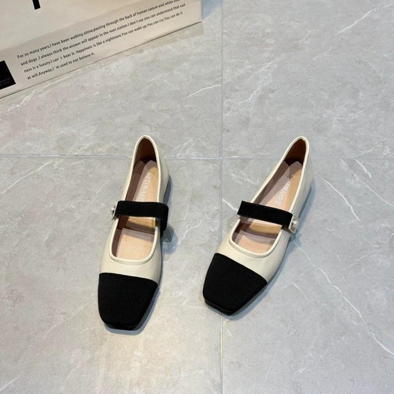 Fashion New Women's Flats Black Toe Mary Janes Shoes Pearl Buckle Patchwork Leather Shoes Mixed Color Slip on Flat Shoes Spring