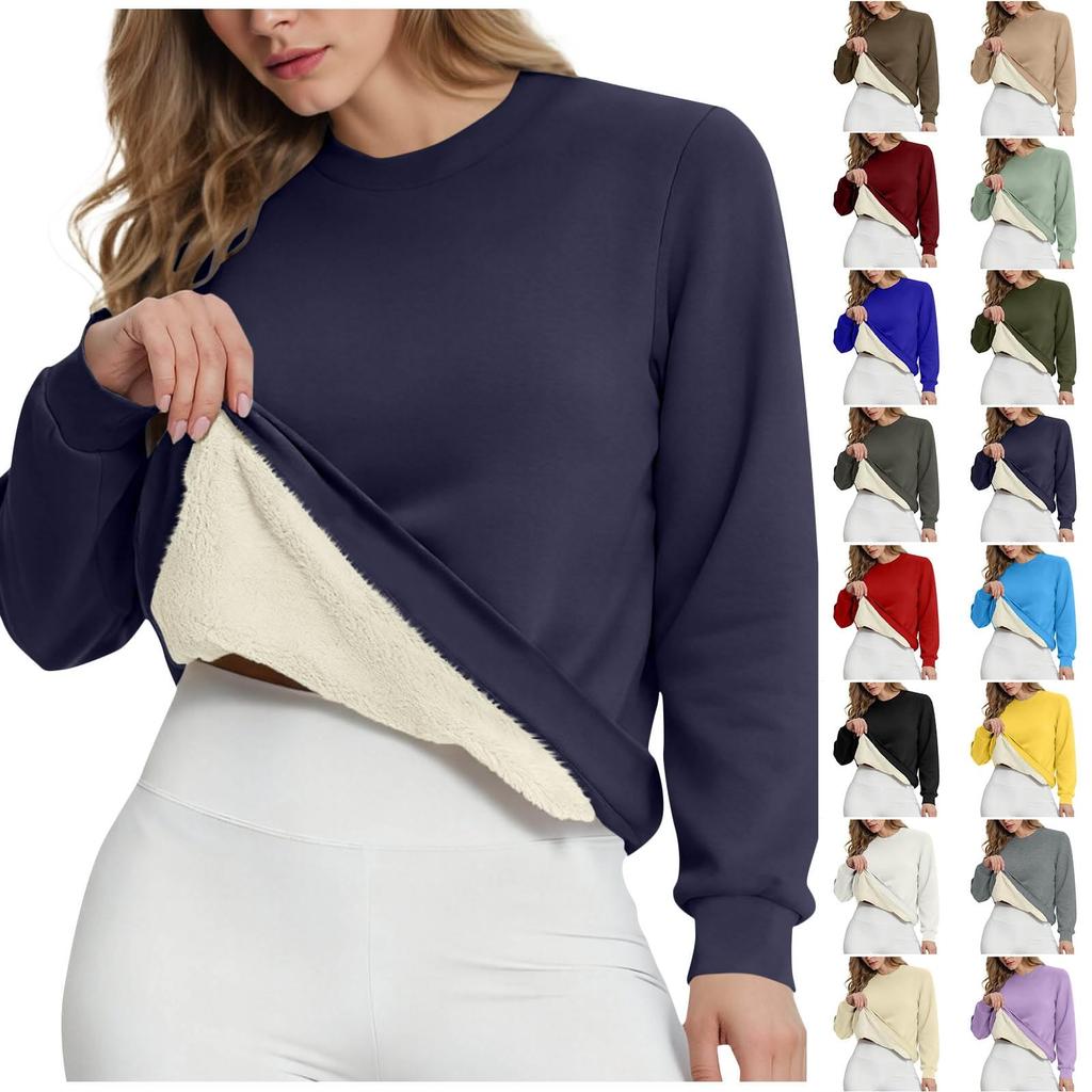 Women's Casual Fashion RoundNeck Pullover Top Winter Solid Color Plush Sweatshirt