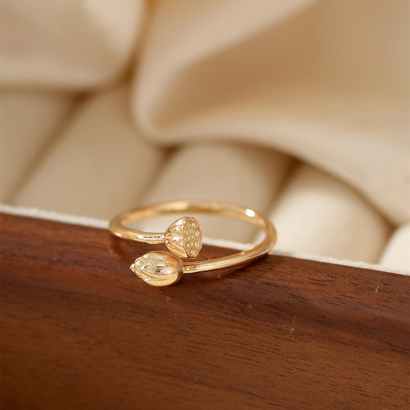 Sterling Silver Lotus Flower Adjustable Ring - Women s Fashionable Retro Gold 2022 Style Adjustable Open