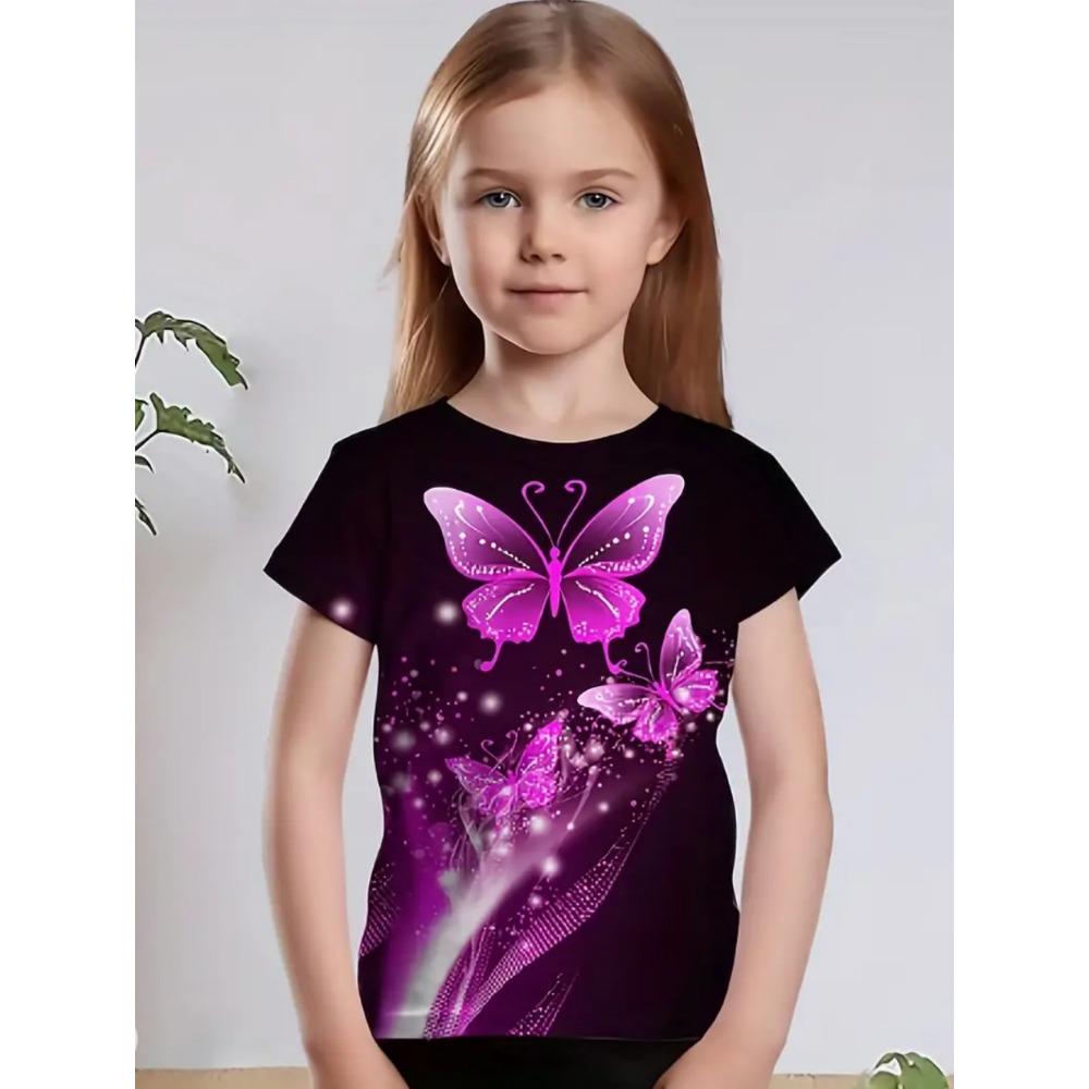 Children's clothing for girls, short sleeved girls' T-shirts, butterfly printed cute round neck girls' tops, children's summer clothes