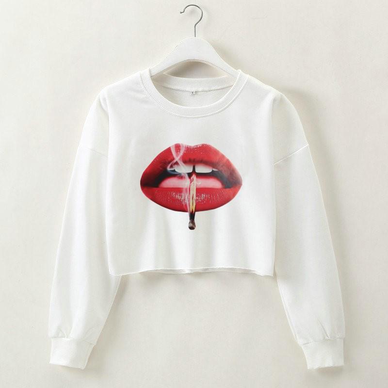 

European and American Women s Lip Print Cropped Hoodie - Autumn/Winter New Style, Long Sleeves, Round Neck M