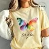 High Street T-Shirt Let It Be Rainbow Butterfly Print Shirt Fashion T-shirt Watercolor Butterfly Women Tee Summer Brand Tops