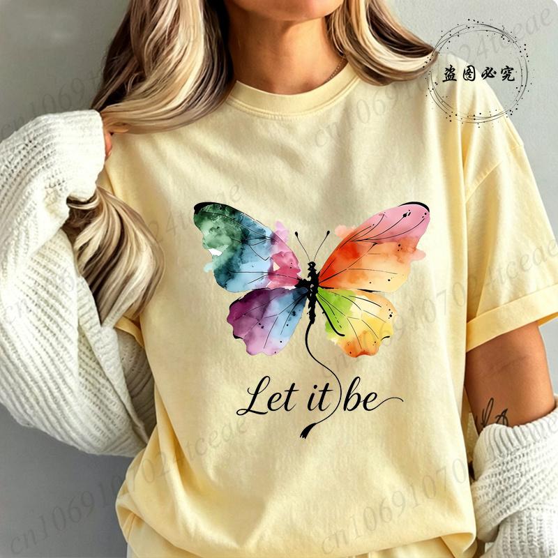 High Street T-Shirt Let It Be Rainbow Butterfly Print Shirt Fashion T-shirt Watercolor Butterfly Women Tee Summer Brand Tops