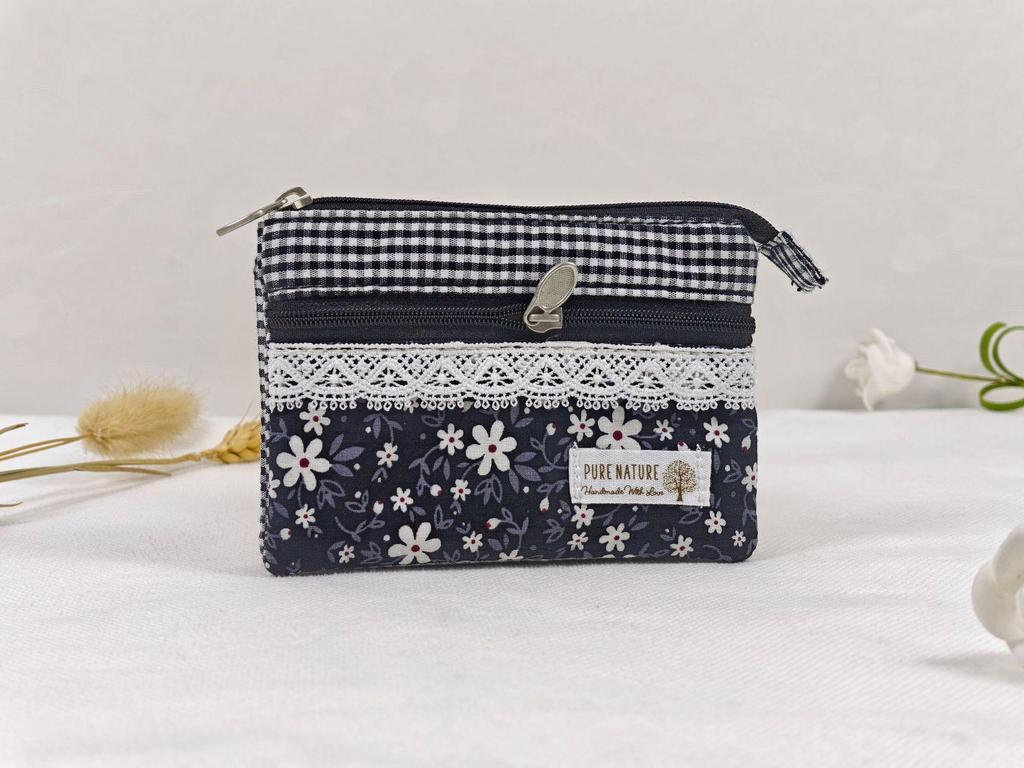 Handmade Countryside Fabric Double Zipper Coin Purse & Key Holder for Women