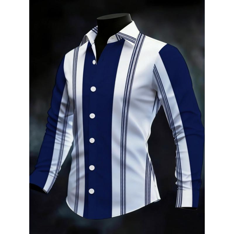 Men's Striped Color-Block Long Sleeve Shirt, Business Casual Slim Fit, Authentic Fashion Menswear