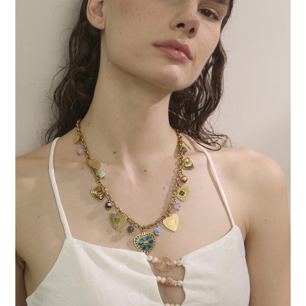 Yhpup 2025 Exquisite Stainless Steel Ceramic Beads Heart Love Drop Necklace High Quality Golden Charm Jewelry Recommend