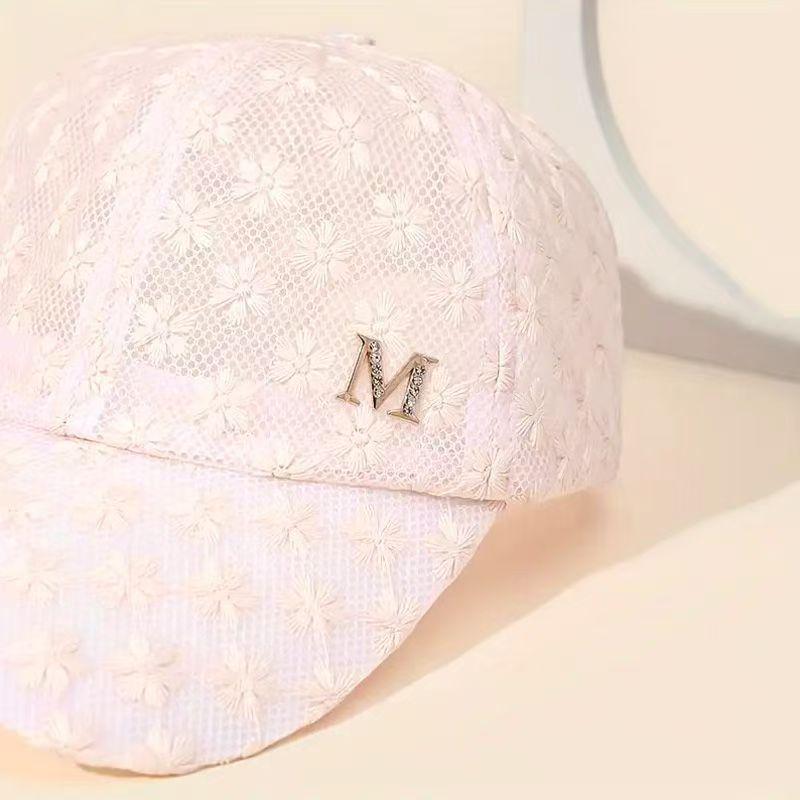 Korean Style Rhinestone Baseball Cap: Floral Lace Mesh Hat with Sun Protection