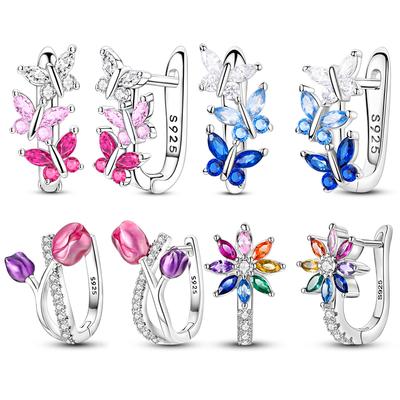 Boucles d'Oreilles Créoles en Argent 925 Papillon Fleur Arc-en-ciel Tulipe Iris Créoles avec Zirconia pour Femmes Filles Bijoux de Mode
